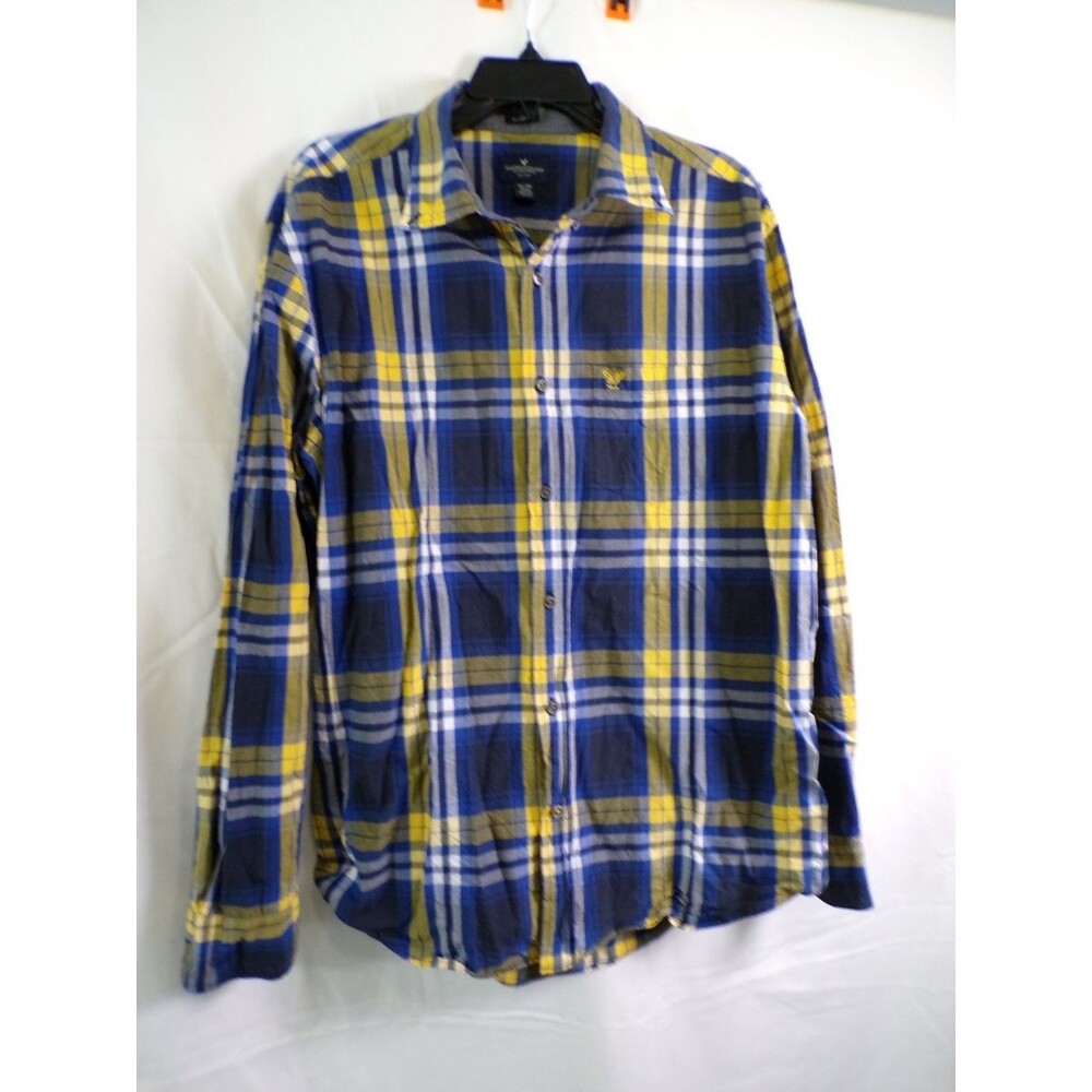 American Eagle Outfitters Men XL Plaid Button Up Shirt Blue Yellow Long Sleeve
